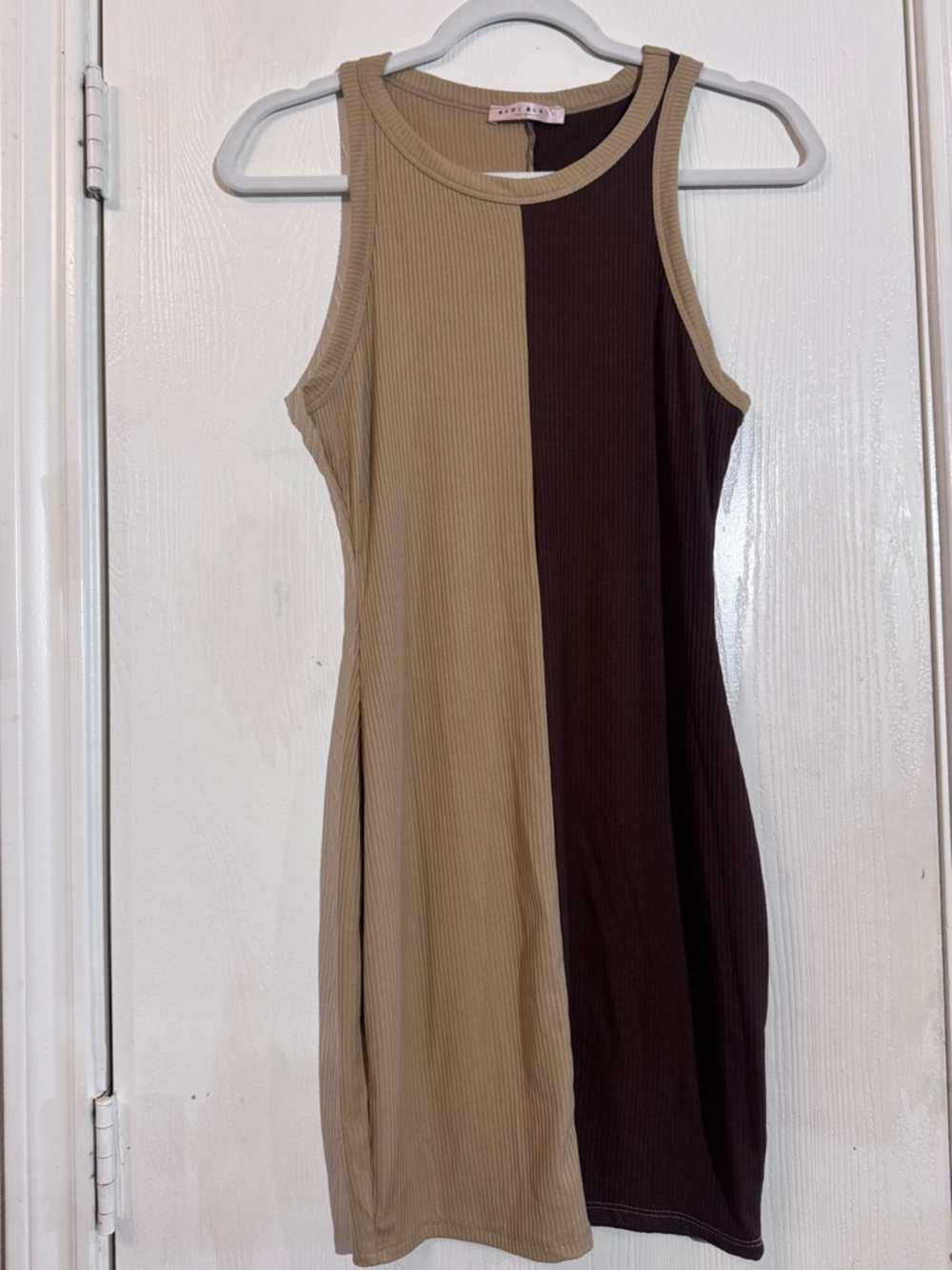 Blue Blush Two-Tone Ribbed Tank Mini Dress in Tan and Brown